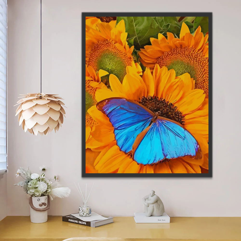 Blue Butterfly on Sunflower Paint by Numbers