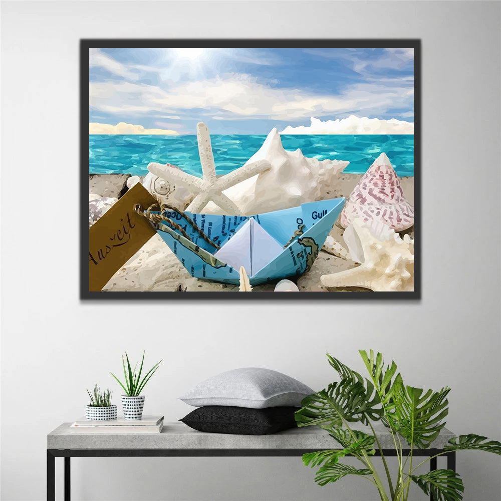 Blue Paper Boat and Shells on the Beach Paint by Numbers