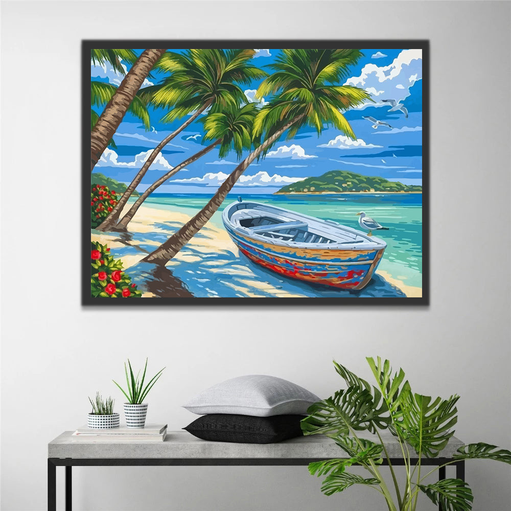 Boat and Palm Trees by the Sea Paint by Numbers