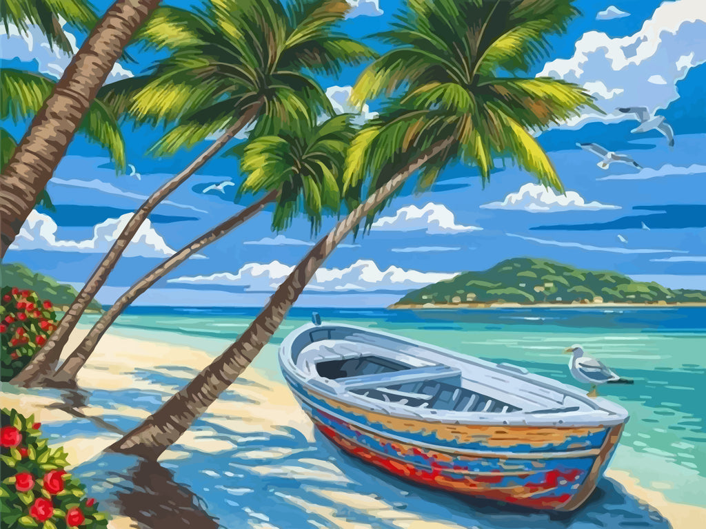 Boat and Palm Trees by the Sea Paint by Numbers