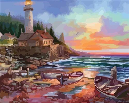 Boats and Lighthouse by the Sea Paint by Numbers