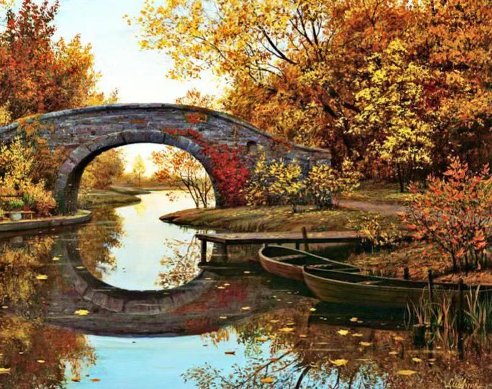 Bridge and Autumn Leaves Paint by Numbers