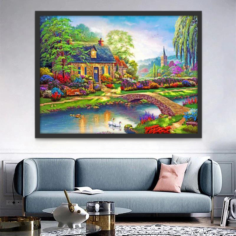 Bridge and Cottage in Spring Paint by Numbers