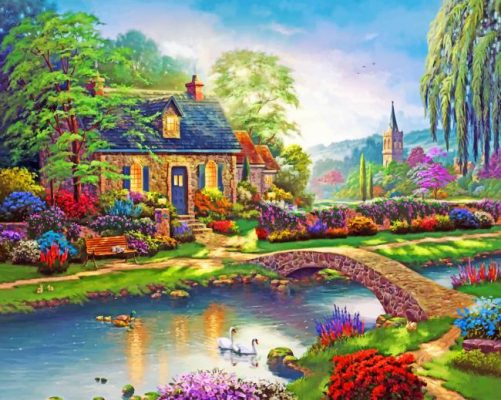 Bridge and Cottage in Spring Paint by Numbers