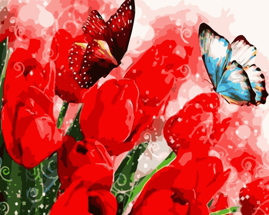 Butterflies and Red Flowers Paint by Numbers