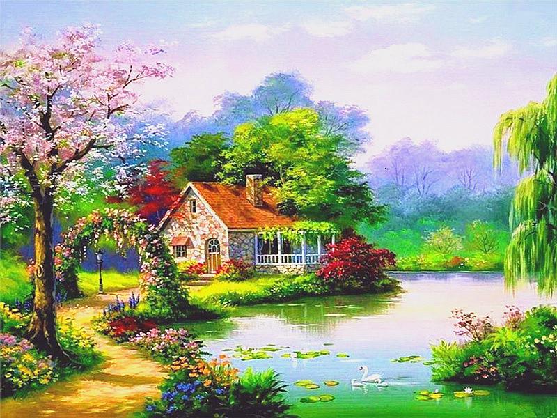 Cabin by the Lake in Spring Paint by Numbers