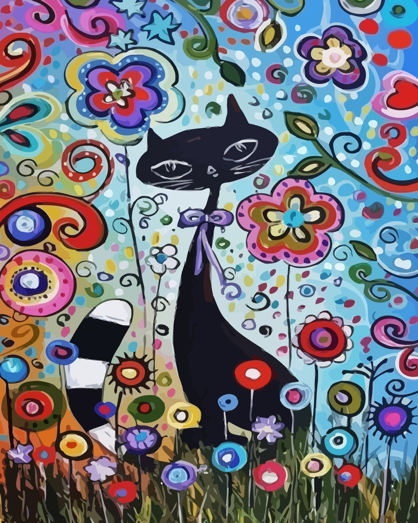 Cartoon Cat and Flowers Paint by Numbers