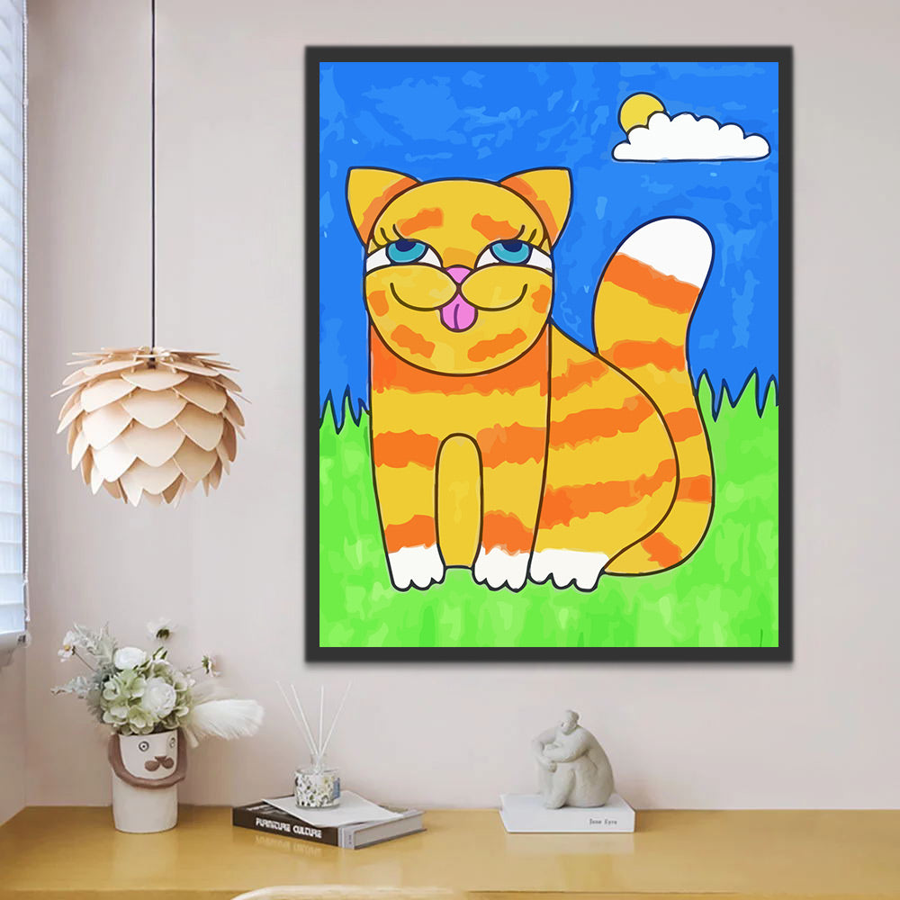 Cartoon Cat on Grass Paint by Numbers for Kids