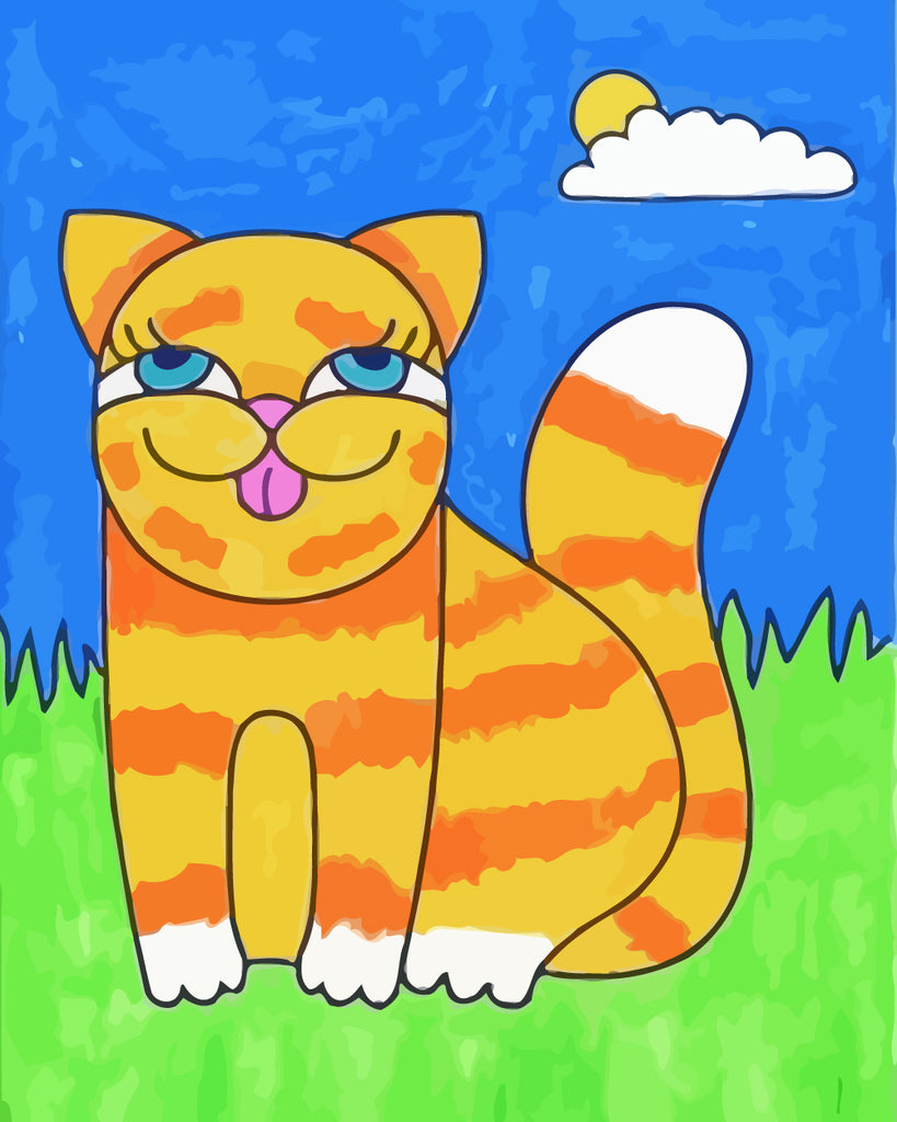 Cartoon Cat on Grass Paint by Numbers for Kids