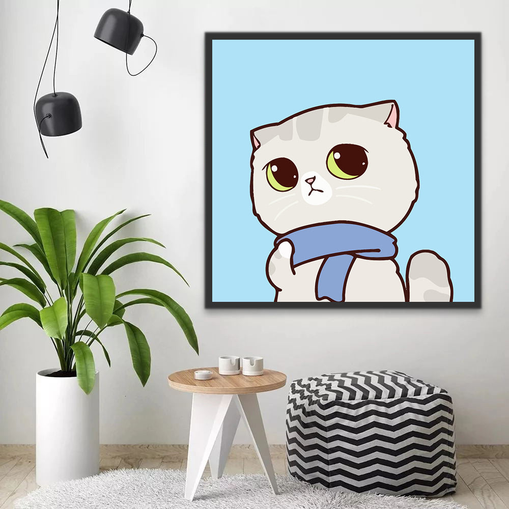 Cartoon Cat with Blue Scarf Paint by Numbers for Kids