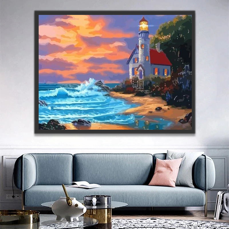 Cartoon Lighthouse by the Sea Paint by Numbers