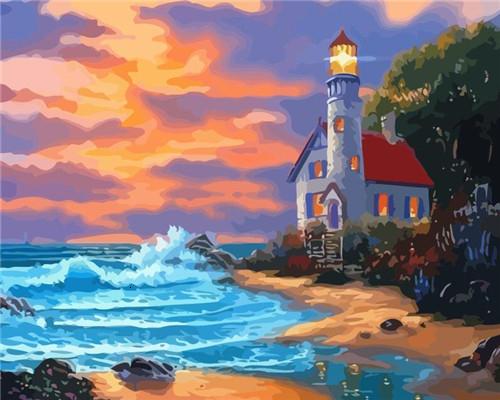 Cartoon Lighthouse by the Sea Paint by Numbers