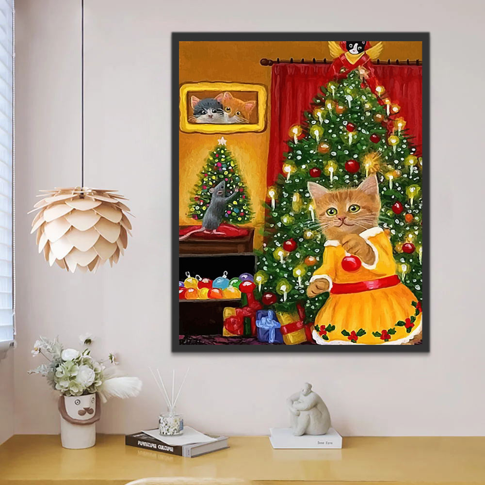 Cat and Mouse Decorating Christmas Tree Paint by Numbers