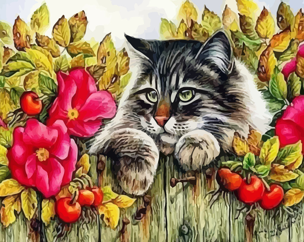 Cat, Flowers and Cherries Paint by Numbers