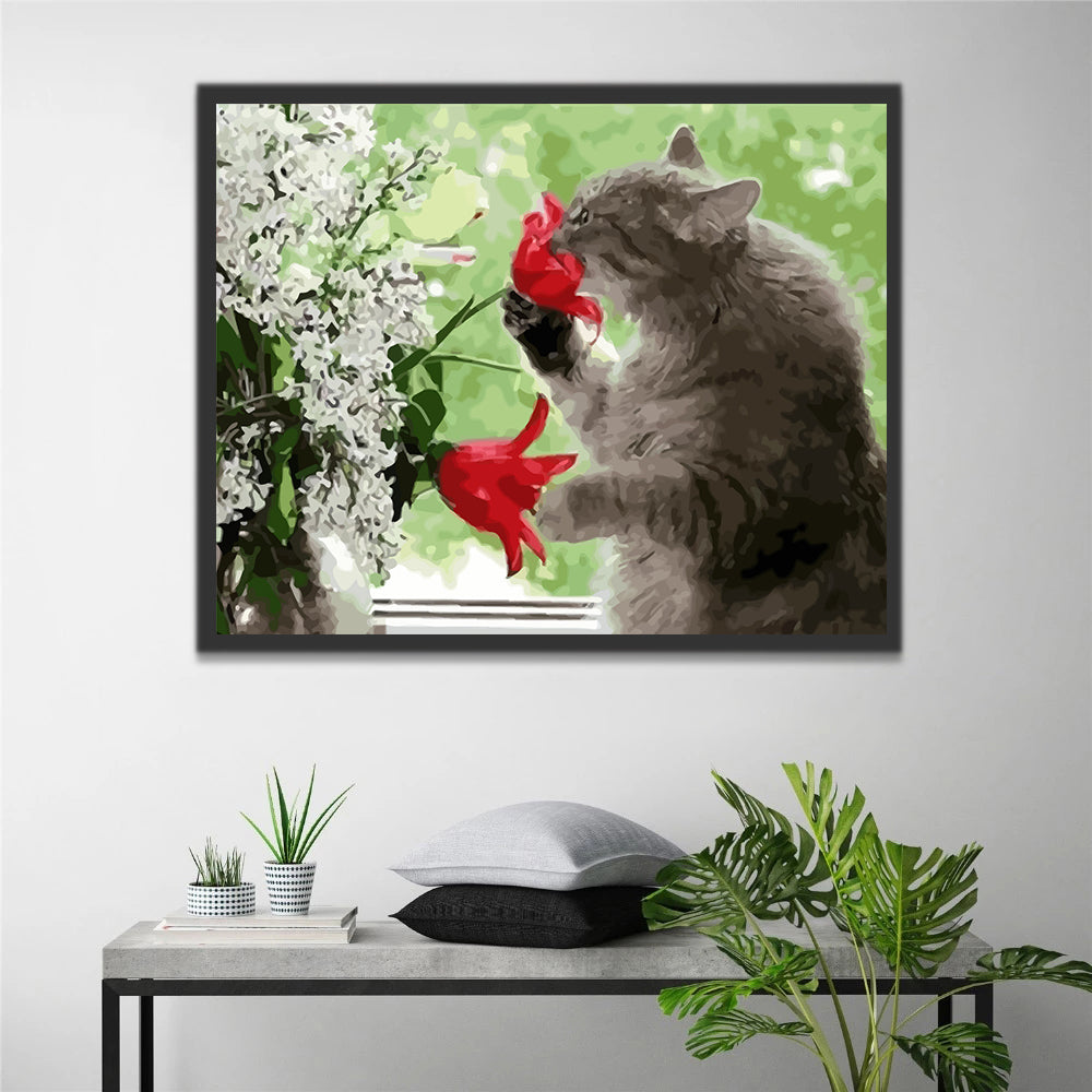 Cat Holding Red Flowers Paint by Numbers