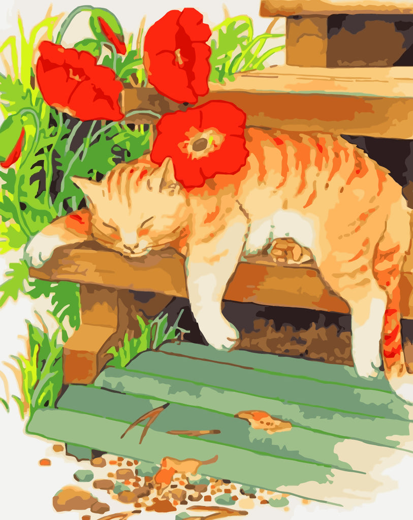 Cat Sleeping next to Flowers Paint by Numbers