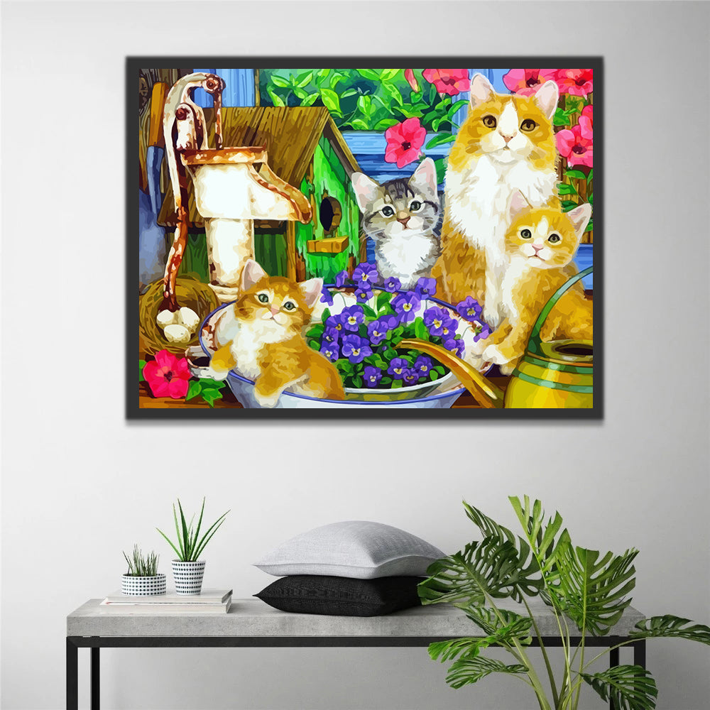 Cats Family among Flowers Paint by Numbers