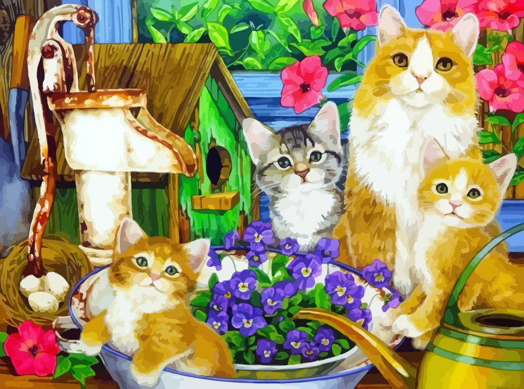 Cats Family among Flowers Paint by Numbers