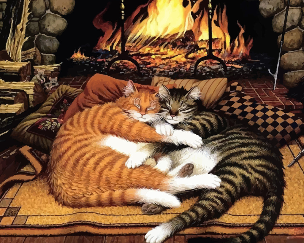 Cats Sleeping by the Fireplace Paint by Numbers