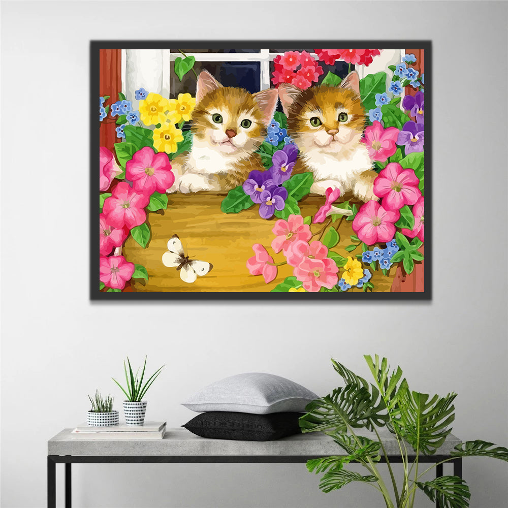 Cats Surrounded by Flowers Paint by Numbers