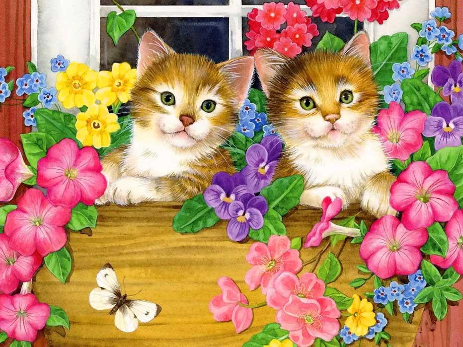 Cats Surrounded by Flowers Paint by Numbers