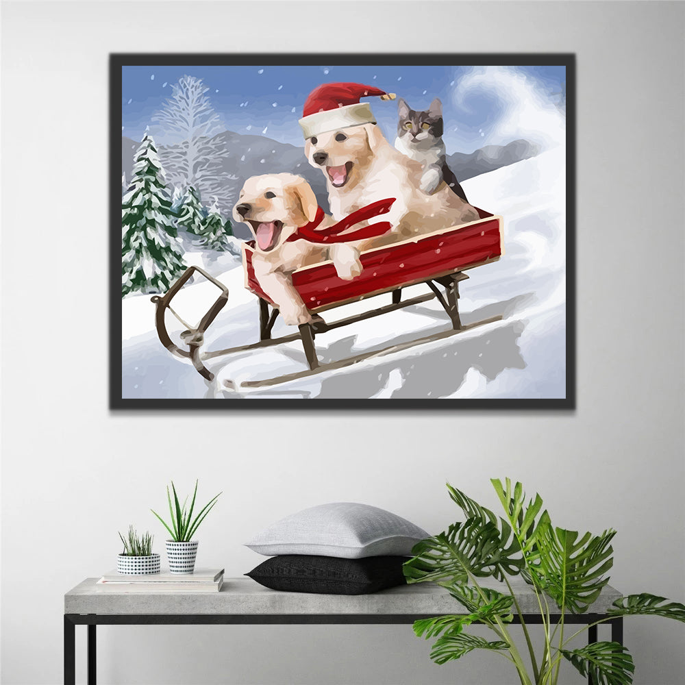 Christmas Dogs and Cat in Sled Paint by Numbers