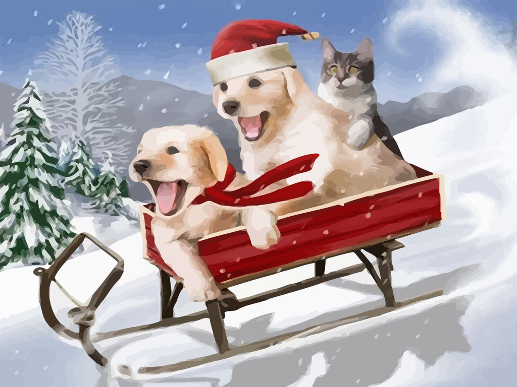 Christmas Dogs and Cat in Sled Paint by Numbers