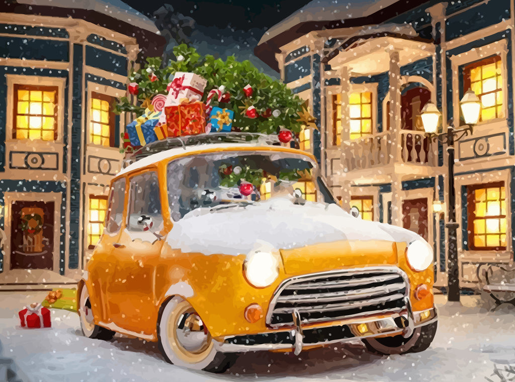 Christmas Gifts on a Yellow Car in the Snow Paint by Numbers