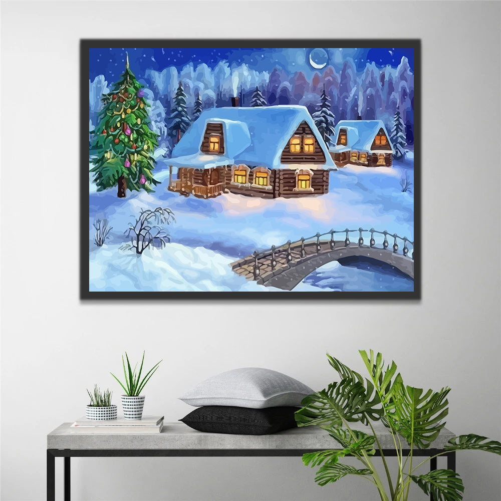 Christmas Tree, Bridge and Cottage in the Snow Paint by Numbers