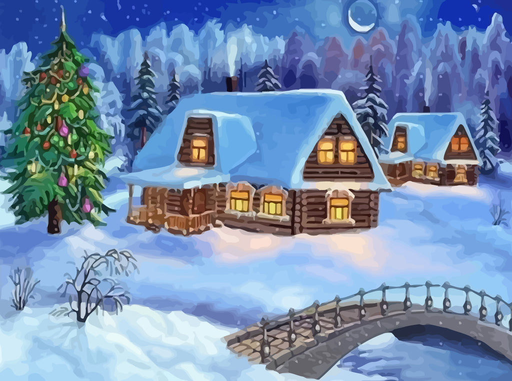 Christmas Tree, Bridge and Cottage in the Snow Paint by Numbers