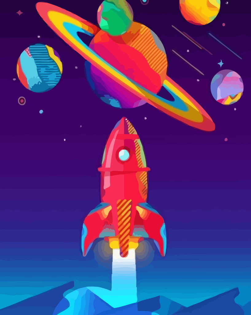 Colorful Cartoon Planets and Rocket Paint by Numbers