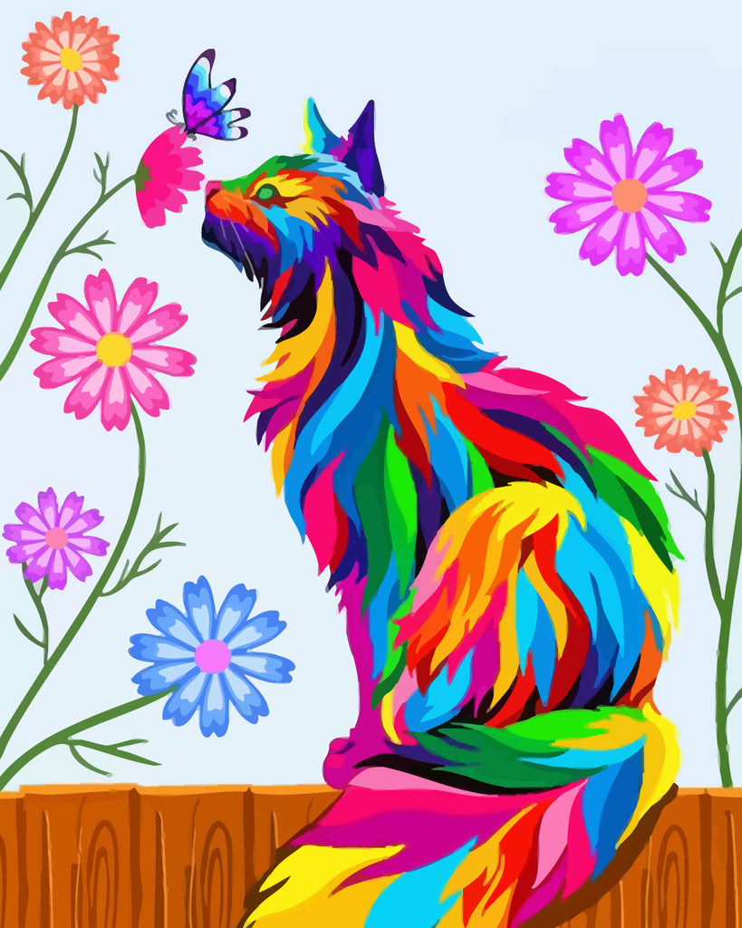 Colorful Cat, Butterfly and Flowers Paint by Numbers