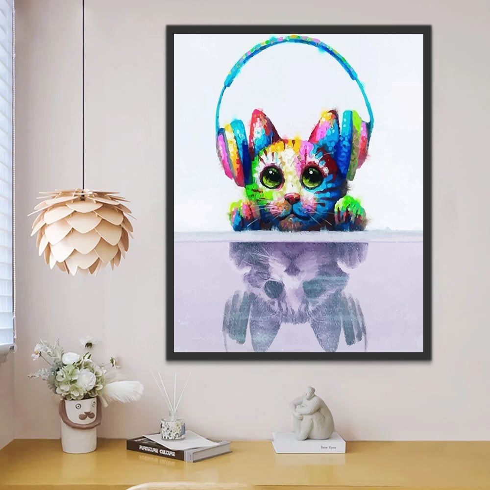 Colorful Cat with Headphones Paint by Numbers