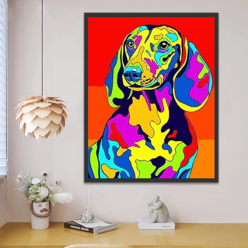 Colorful Dachshund on Red Background Paint by Numbers