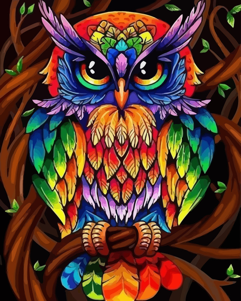 Colorful Owl on the Tree Paint by Numbers