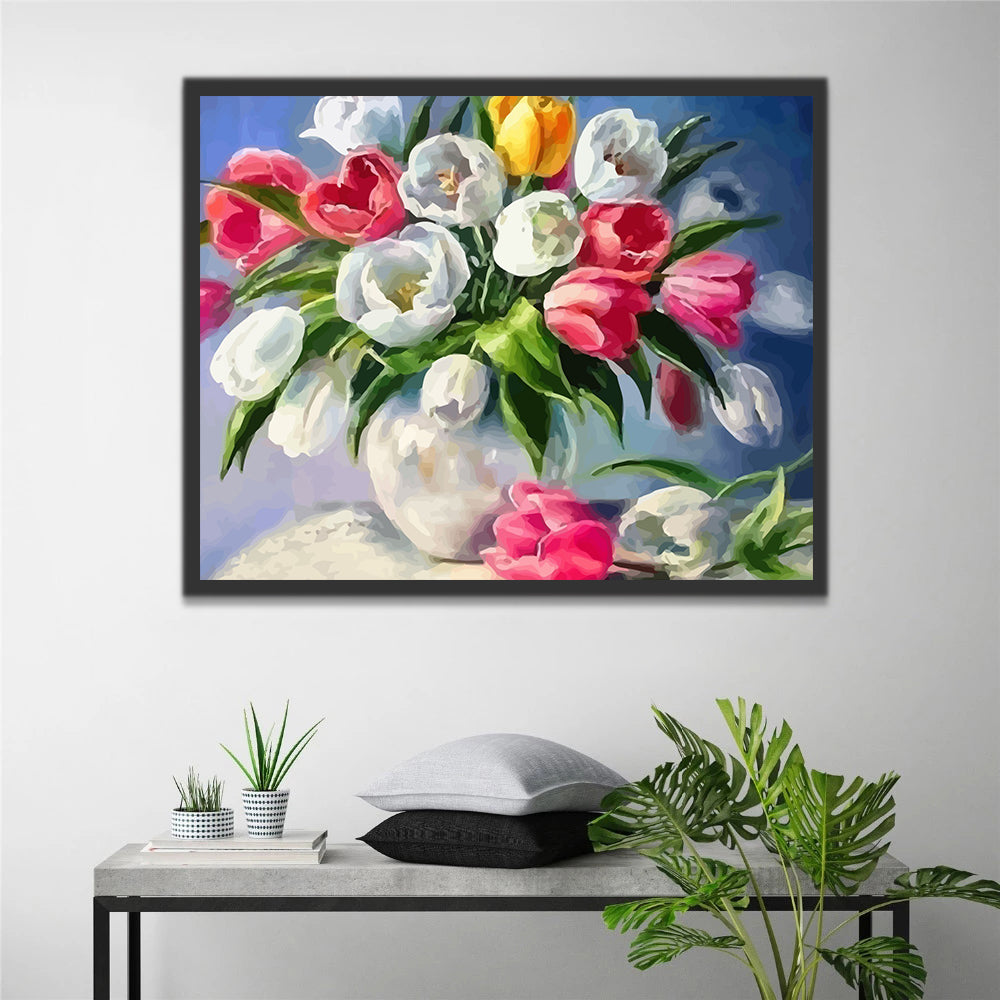 Colorful Tulips in White Vase Paint by Numbers