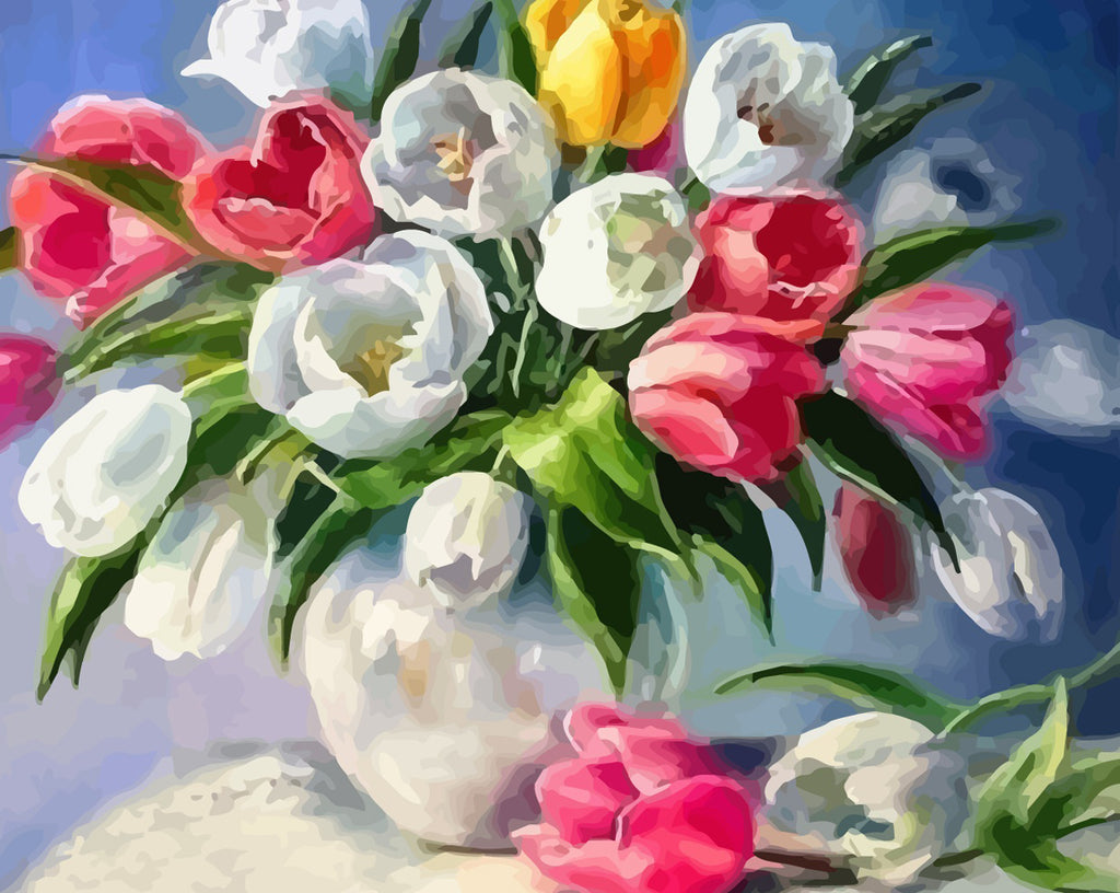 Colorful Tulips in White Vase Paint by Numbers