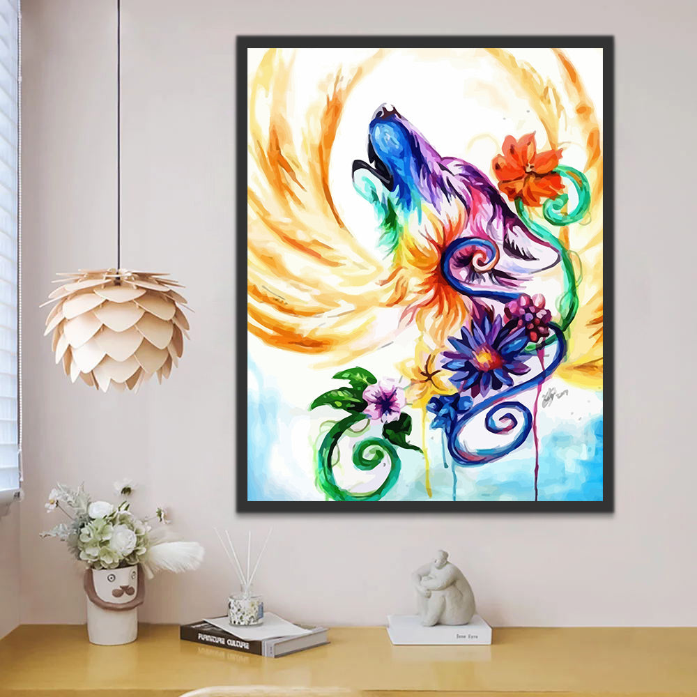 Colorful Wolf and Flowers Paint by Numbers