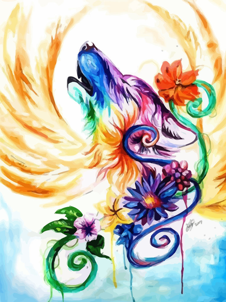 Colorful Wolf and Flowers Paint by Numbers