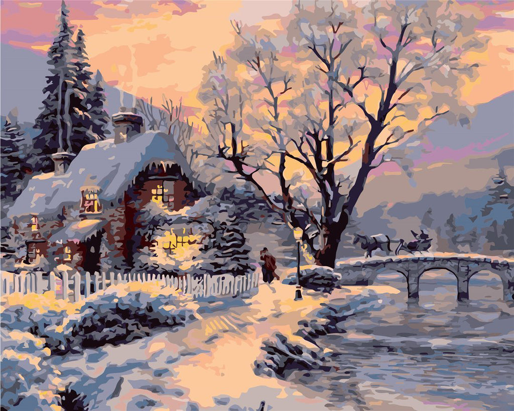 Cottage in the Snow Paint by Numbers