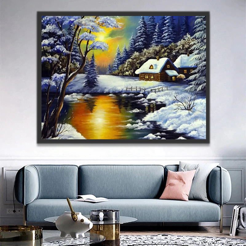 Cottage in the Snowy Forest Paint by Numbers