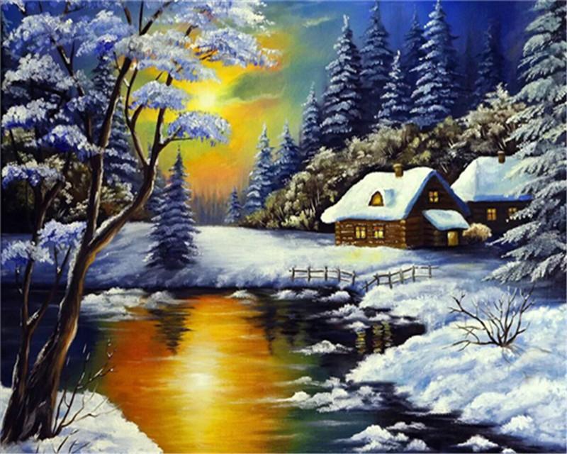 Cottage in the Snowy Forest Paint by Numbers
