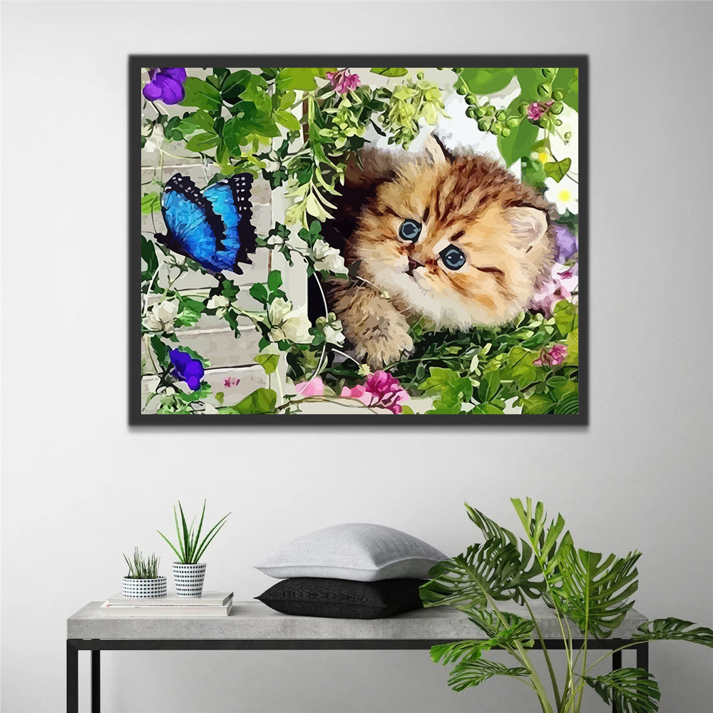 Cute Cat and Blue Butterfly Paint by Numbers