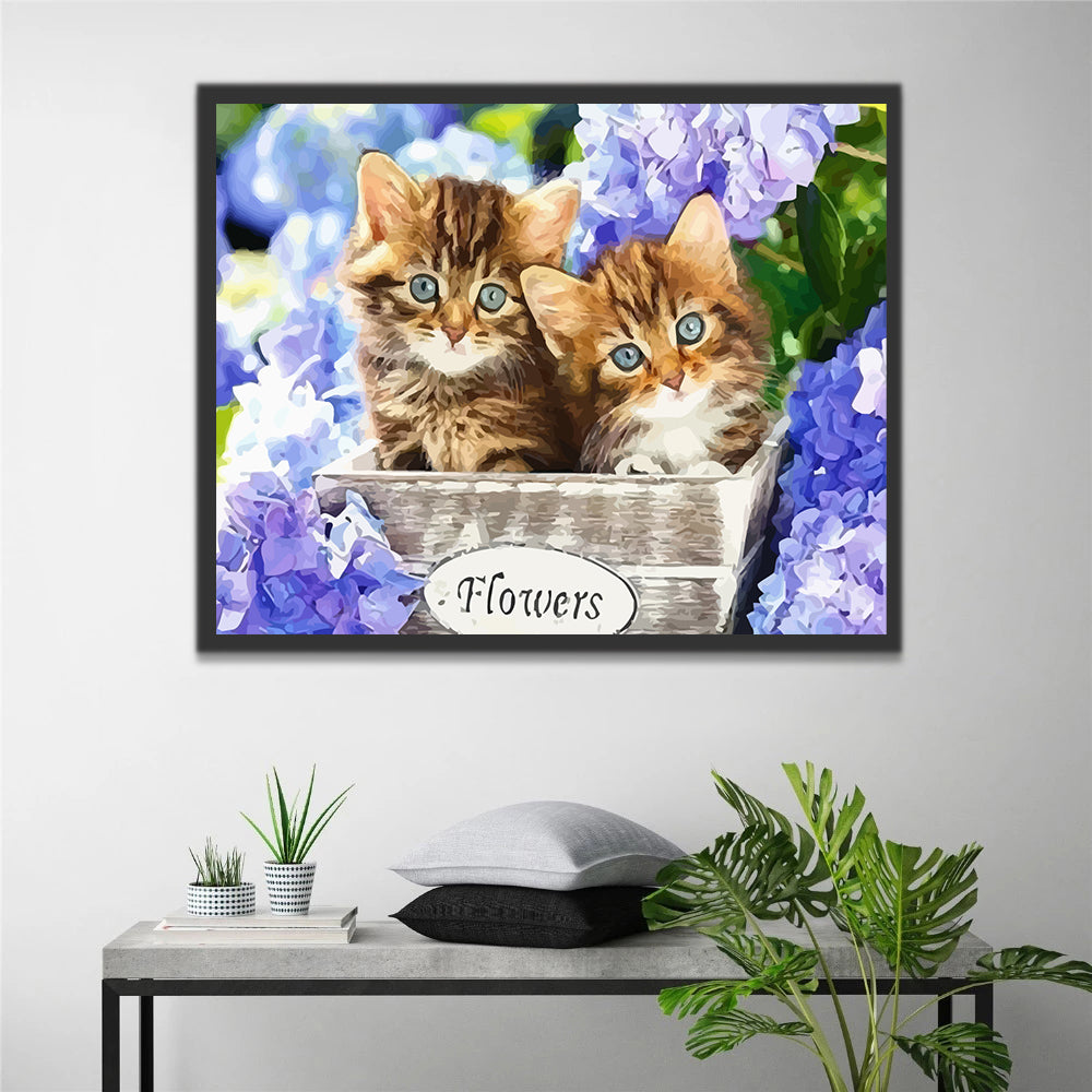 Cute Cats and Purple Flowers Paint by Numbers