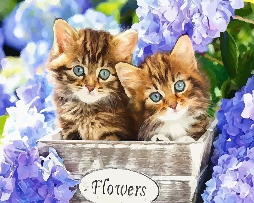 Cute Cats and Purple Flowers Paint by Numbers