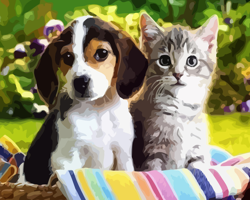 Cute Dog and Cat in the Basket Paint by Numbers