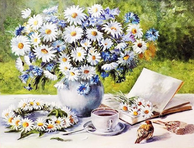 Daisies and Birds on Grass Paint by Numbers