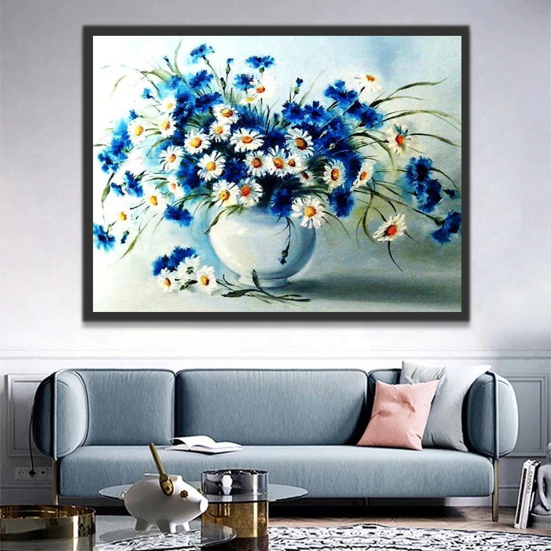 Daisies and Blue Flowers in White Vase Paint by Numbers