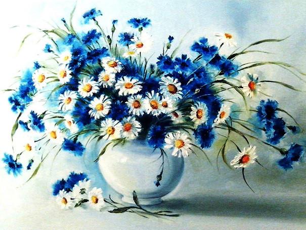 Daisies and Blue Flowers in White Vase Paint by Numbers