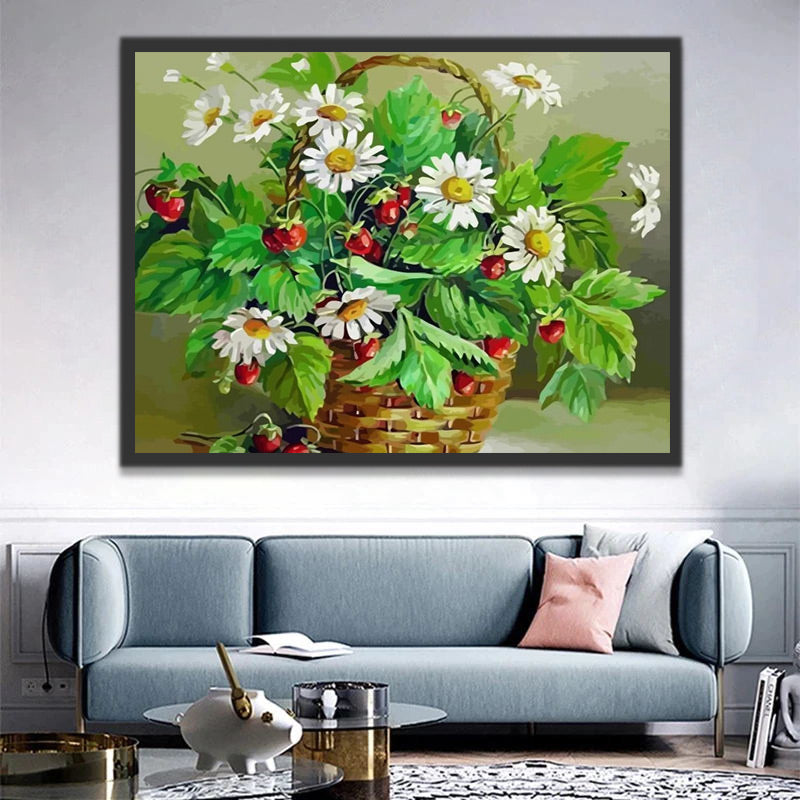 Daisies and Fruits in Basket Paint by Numbers